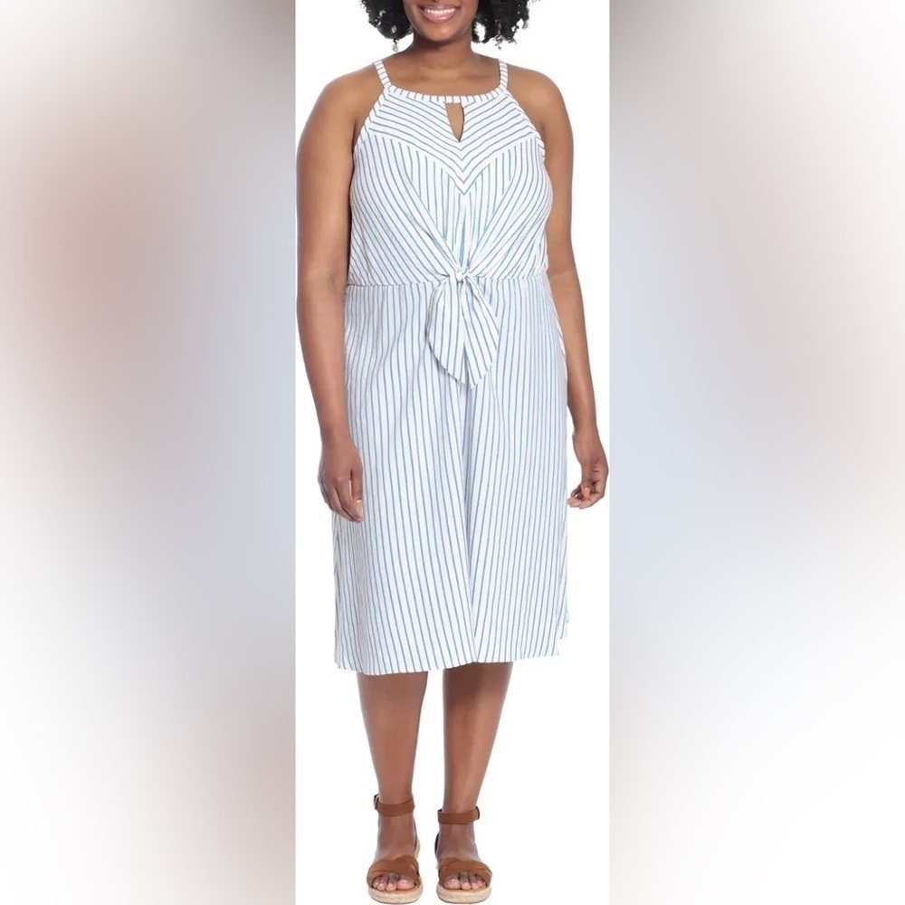 Tahariโ ASL Women Ivory Blue Seersucker Stripe Tie Front Midi Dress 16W T6168W